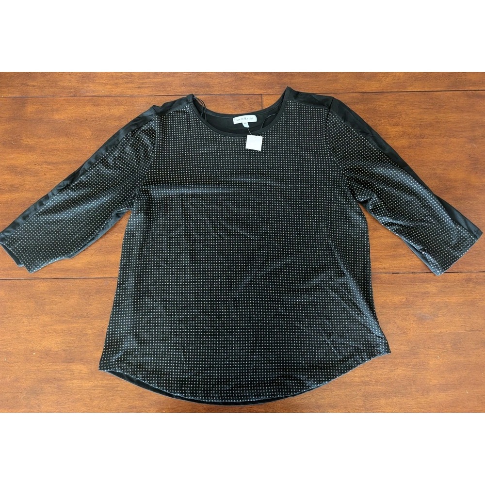 Stem&Vine Womens Plus Size Rhinestone Shirt Relaxed Fit Party Roll Sleeve 2XL